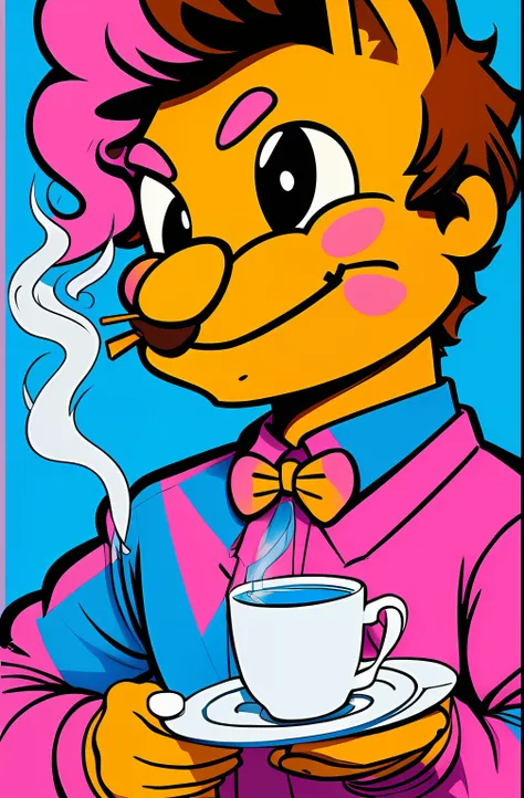 (ORIGINAL GARFIELD WITH A NICE CUP OF COFFEE COMING OUT SMOKE IN HIS HAND, Beautiful cup ,Coloridas ,pink and blue and yellow WRITTEN WE COOFFE IN THE CUP ),  Eduardo Kobra ,Romero Brito,The Filling Twins ,multidimensional geometric wall PORTRAIT, arte, Ch...