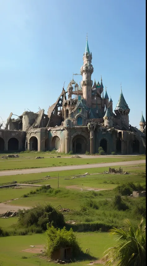 post-apocalyptic disneyland, ((ruin, destroyed buildings)), there are practically no surviving buildings, (everything is overgro...