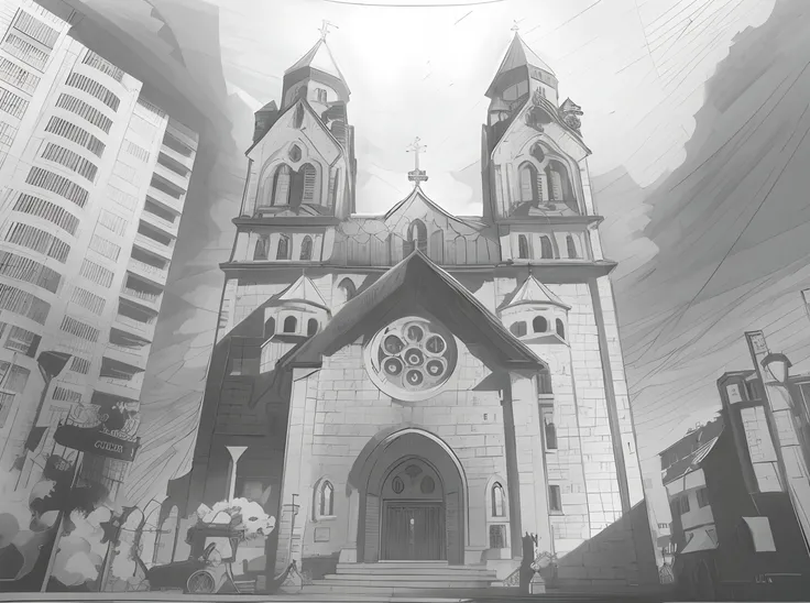 there is a black and white photo of a church with a clock tower, cathedral, anime scene, cathedral background, by Kamisaka Sekka, castle scene manga, cathedral!!!!!, cyberpunk church, opening scene, anime scenery concept art, neo-gothic concept, church bac...