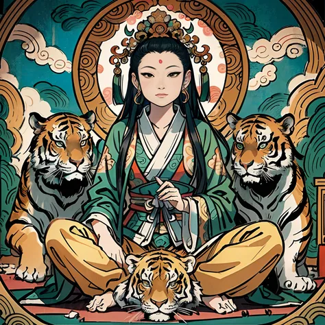 an ancient Chinese goddess, guanyin of the southern seas, Guanyin, Inspired by India, Avalokiteshvara rides a tiger，,Serene expression,shui mo hua,Buddha,Buddhist,Lotus,Chinese painting style,Thangka style