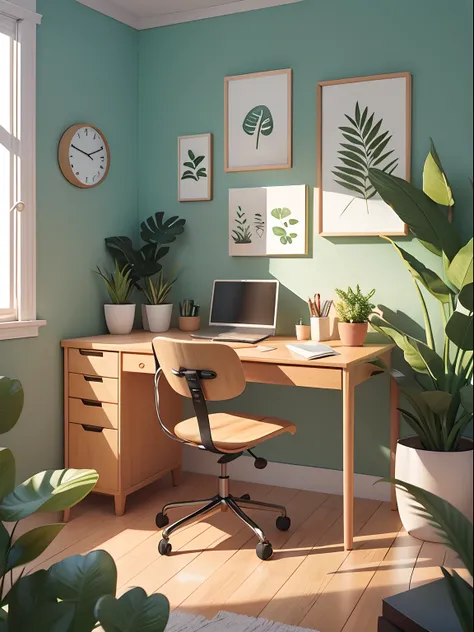 Office illustration drawn in cartoon style. Add natural elements, As plants and flowers, And use a soft color palette to create a relaxing atmosphere.