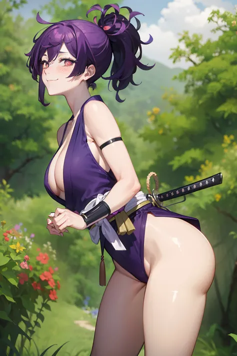 best quality, masterpiece, (leaning over:1.2), 1girl, yuzuriha_(jigokuraku), purple hair, brown eyes, ninja, open clothes, cleavage, small breasts, topknot, medium hair, breasts apart, seductive smile, (blush:1.1), japanese exterior, temple, sengoku period...