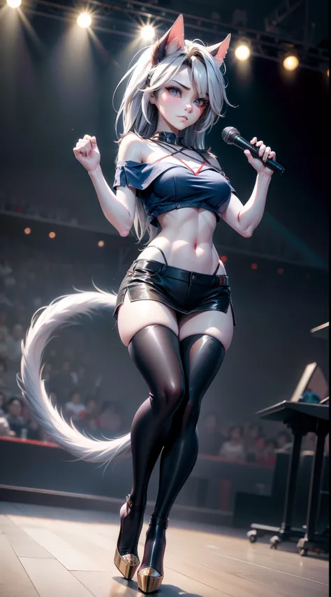 wide wide shot，Full body photo，tmasterpiece，Best quality，Realistic lighting，超高分辨率， Concert，On stage，microphones，1girll，Clench your hands into fists， big breasts beautiful， blond hairbl ，Cat ear hair accessories， bare shoulders​， crop tops，high-heels， nabel...