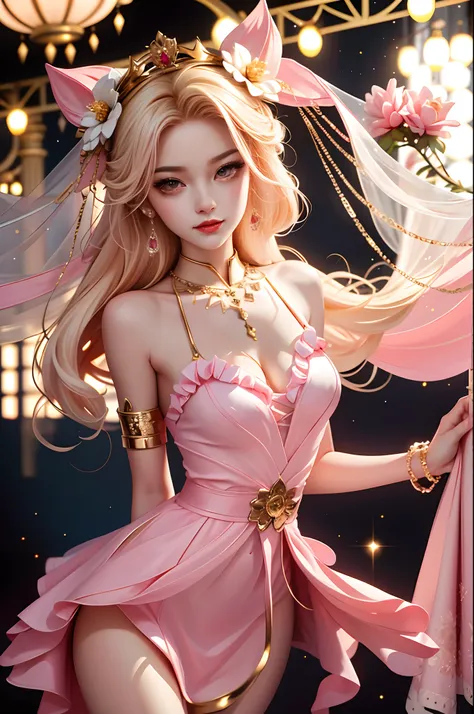 Masterpiece, Best quality, A high resolution, HMSL1, Medium hair, x hair ornamen, crown, pink flower, White dress, bridal garter, Bare shoulders, Wrist cuffs, frill dress, neck bowtie, Large breasts, Stage, day, sky, Cowboy shot, standing in the middle of ...