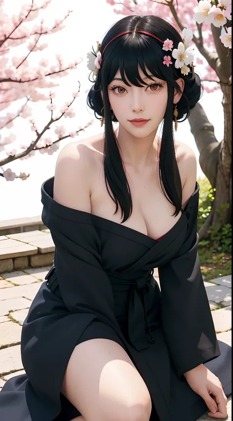 yor, Mature female,  bangs, side locks, Red eyes, Black hair, hair adornments，sportrait, (face:1.2), schoolgirls, ssmile,bare shoulders​, Black hair, cherry blossom, cleavage, (Robe:1.21), 鎖骨, Willow Branch, (masterpiece best quality :1.2),