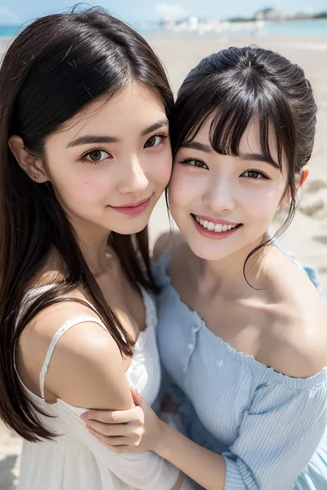 (8K、RAW photography、top-quality、tmasterpiece:1.2),(((Two girls,duo,caressing the,On the beach))),、ultra - detailed、Hyper-Resolution、(hyper realisitc:1.4)、（Use the kiss you throw as a camera）from the above、camera shot from above、Shoot the camera angle from ...