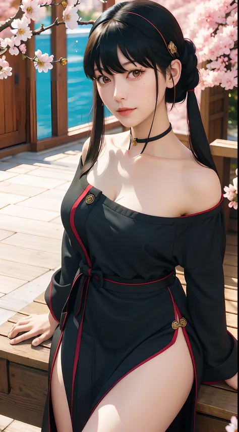 yor, Mature female,  bangs, side locks, Red eyes, Black hair, hair adornments，sportrait, (face:1.2), schoolgirls, ssmile,bare shoulders​, Black hair, cherry blossom, cleavage, (Robe:1.21), 鎖骨, Willow Branch, (masterpiece best quality :1.2),