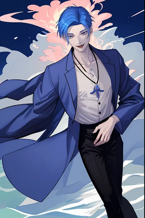 Moonlight behind, Standing by the seaside, Man with light blue hair, inspired by Sim Sa-jeong, nixeu and sakimichan, Inspired by Wang Duo, Morgoth, inspired by Bian Shoumin, Virtual Self, looking this way, inspired by Gang Se-hwang, inspired by jeonseok le...