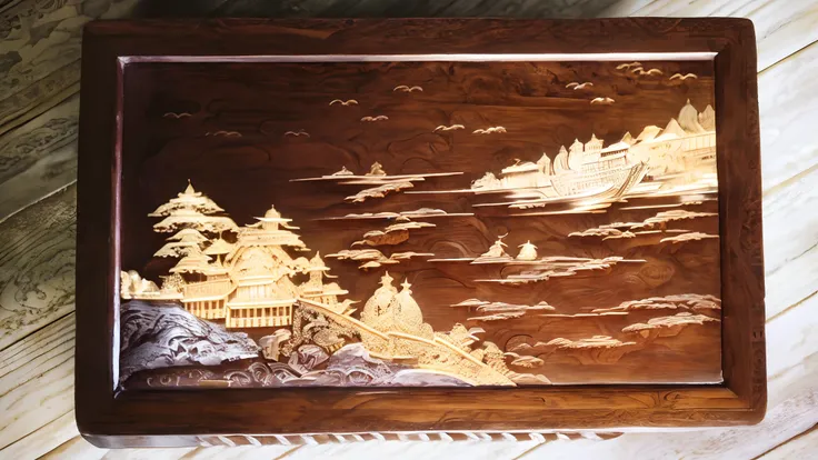 There is a wooden box，There is a photo of a ship on it, decorated polished wood, highly detailed carvings, Engraved, intricate carvings, scenery art detailed, wood art, wooden decoration, intricate wood carving, intricate engraving, detailed wood carving, ...