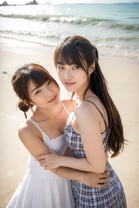 (8K、RAW photography、top-quality、tmasterpiece:1.2),((((((Two girls,duo,caressing the,On the beach)))))),、ultra - detailed、Hyper-Resolution、(hyper realisitc:1.4)、（Use the kiss you throw as a camera）from the above、camera shot from above、Shoot the camera angle...