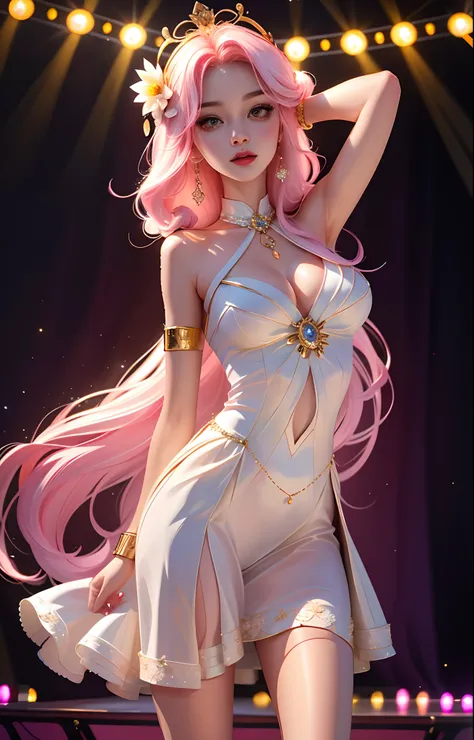 Masterpiece, Best quality, A high resolution, HMSL1, Medium hair, x hair ornamen, crown, pink flower, White dress, bridal garter, Bare shoulders, Wrist cuffs, frill dress, neck bowtie, Large breasts, Stage,  sky, Cowboy shot, standing in the middle of the ...