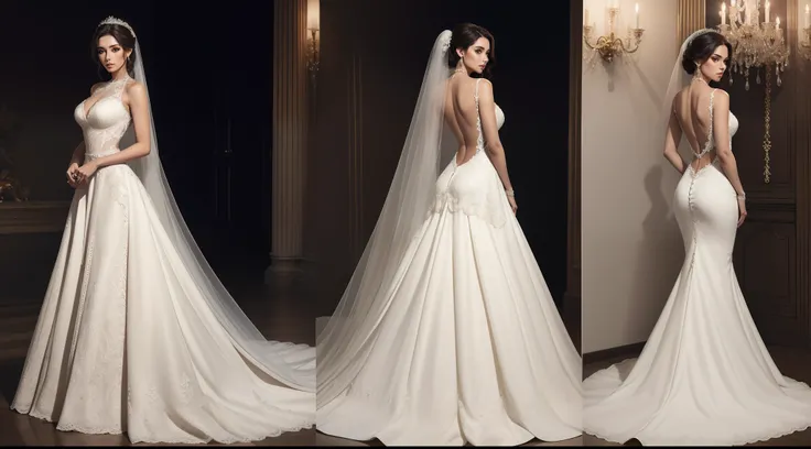 "Create a hyper-realistic illustration of a gorgeous woman donning a contemporary, elegant, and sexy bridal dress. Capture her full body, showcasing both the front and back views of the dress. The design features a short front hemline, adding a unique twis...