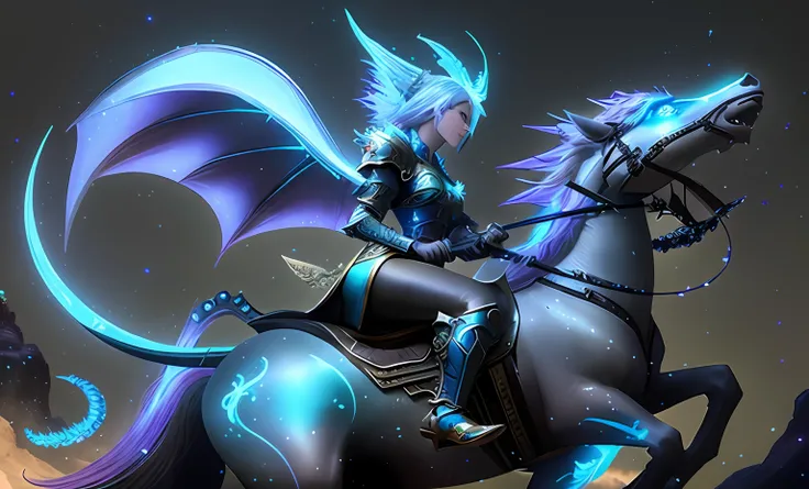 A woman riding a horse with a dragon on it......., epic fantasy art style hd, epic fantasy digital art style, epic fantasy art style, detailed fantasy art, detailed digital 2d fantasy art, detailed fantasy digital art, dragon inspired blue armor, cyan chin...