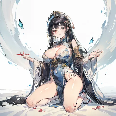 (Rich picture, masterpiece quality) exquisite 8K CG artwork, goddess-like posture, kneeling movement, slim and soft, translucent beautiful skin, beautiful black hair, medium long hair and messy hair fusion aesthetic shape, fair and juicy skin, big breasts ...