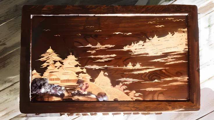 There is a picture of a plank，There is a picture of a Japanese style painting on it, Highest quality rendering,highly detailed carvings, golden wood carved in relief, decorated polished wood, intricate wood carving, Carved in wood, detailed wood carving, m...