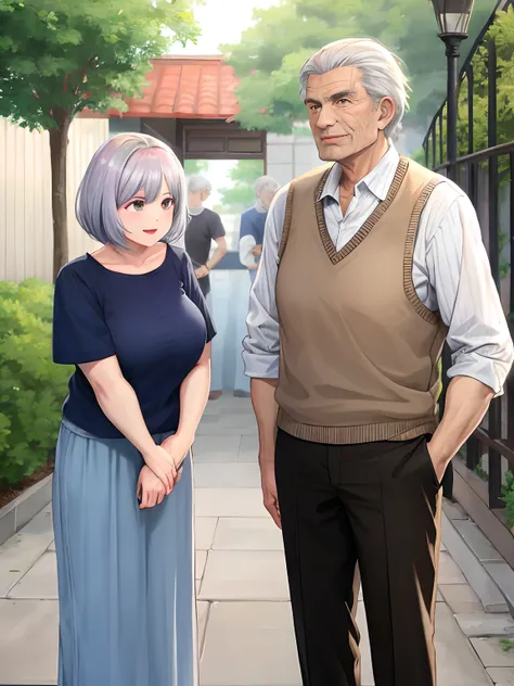 creates a 90 year old man standing in the background 3 100 year old women white hair