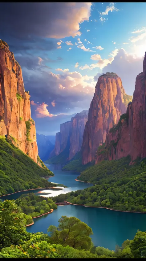 Masterpiece, ultimate quality, Cg unity 8k wallpaper, super delicate, beautiful sky and clouds, rich natural scenery, cliffs, lakes and rivers, waterfalls and flying water, beautiful green mountains, no trace of people, excellent scenery, has already won a...