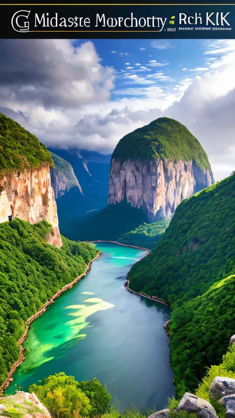 Masterpiece, ultimate quality, Cg unity 8k wallpaper, super delicate, beautiful sky and clouds, rich natural scenery, cliffs, lakes and rivers, waterfalls and flying water, beautiful green mountains, no trace of people, excellent scenery, has already won a...