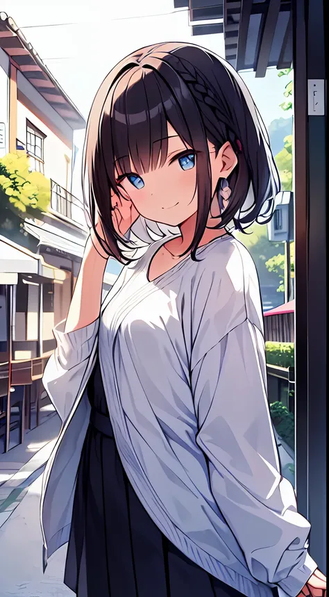 masutepiece, Best Quality,Illustration, Wallpaper, Ultra Detail, 1girl in,Solo,Beautiful detailed eyes,Very thick contour lines、Medium Short-Cut Hair、Short, Braided hair、(student clothes)、Dark hair color、A refreshing smile、Walking next door、Kamimei、Overloo...