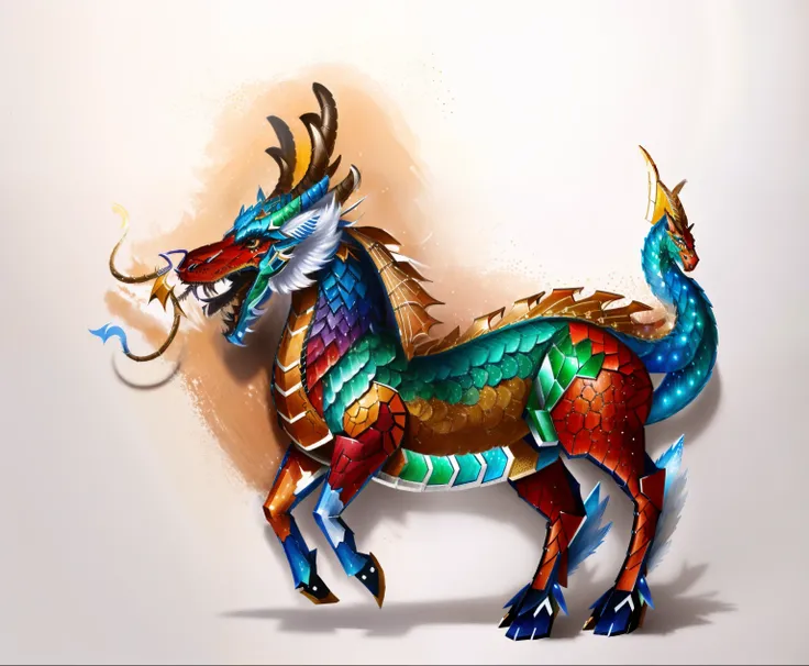 Painting of a colorful horse with long horns and tail., Mythical creatures, Mythical Creatures, a dragon, anthropomorphic dragon, as an anthropomorphic dragon, Dragon Horned Curve!, but as an anthropomorphic dragon, Chinese dragon, smooth chinese dragon, C...