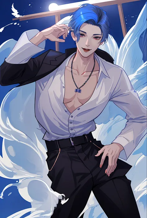 Moonlight behind, Standing by the seaside, Man with light blue hair, inspired by Sim Sa-jeong, nixeu and sakimichan, Inspired by Wang Duo, Morgoth, inspired by Bian Shoumin, Virtual Self, looking this way, inspired by Gang Se-hwang, inspired by jeonseok le...