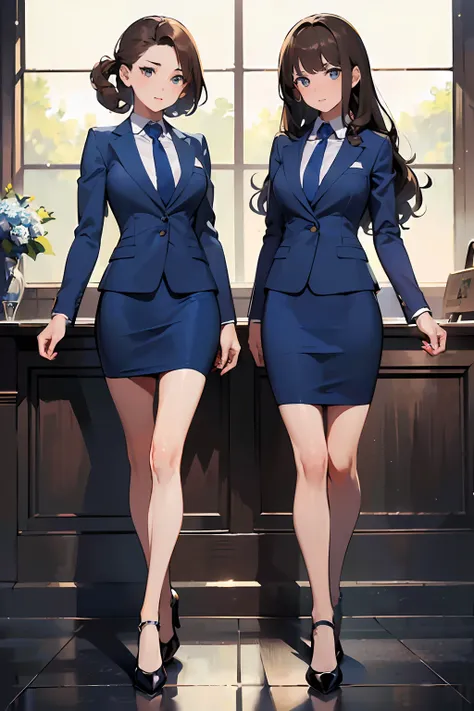 ((masterpiece, best quality, 8k, highres:1.2)), blue skirt suit, highleg, hazel eyes, blue blazer, blue pencil skirt, upper body, (brown hair, curly hair, long hair), (2girls, duo, twins, clones), ((matching hairstyles, matching faces, matching outfits))