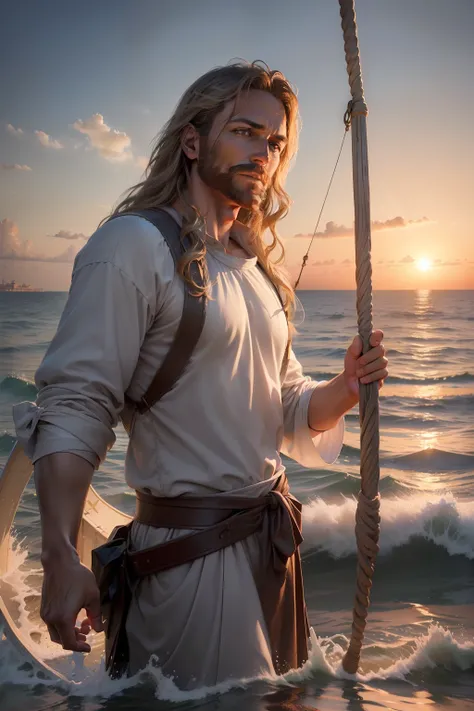 (((photorealism))),((peter disciple of jesus casting net into the sea)),((mediterranean background)),(highly detailed face),realistic geometric structures, (detailed eyes), sunset background atmosphere sunset sunset, long shot, backlight (shot on Canon EOS...