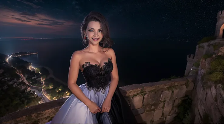 uma mulher vampiro em um vestido preto, decote, sorriso maligno, mostrando os dentes, olhos vermelhos, standing on a cliff, castelo assustador e montanhas ao fundo, durante a noite,