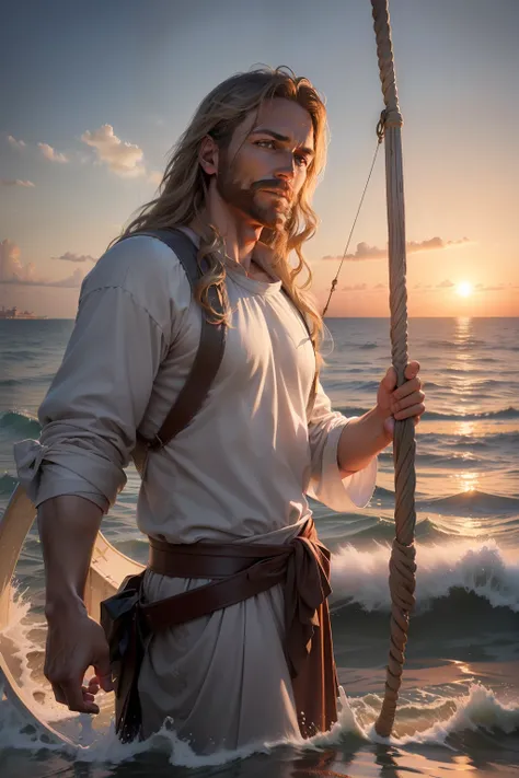 (((photorealism))),((peter disciple of jesus casting net into the sea)),((mediterranean background)),(highly detailed face),realistic geometric structures, (detailed eyes), sunset background atmosphere sunset sunset, long shot, backlight (shot on Canon EOS...