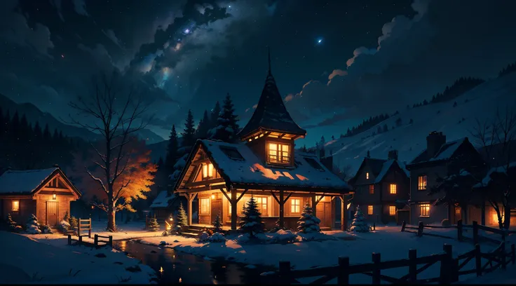 (masterpiece), (best quality), 8k, high detailed, ultra-detailed, Nightfall in the village, (firelight illuminating the sky), ((warmth and hope)), (silent village), (glowing night)