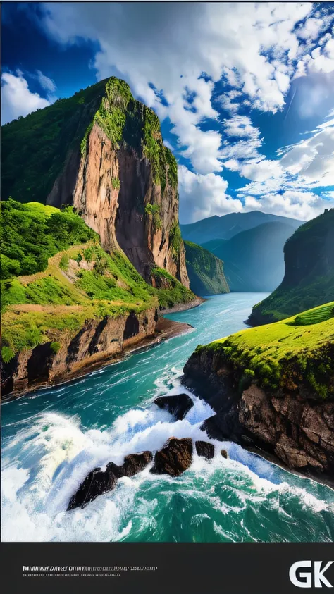 Masterpiece, ultimate quality, Cg unity 8k wallpaper, super delicate, beautiful sky and clouds, rich natural scenery, cliffs, lakes and rivers, waterfalls and flying water, beautiful green mountains, no trace of people, excellent scenery, has already won a...