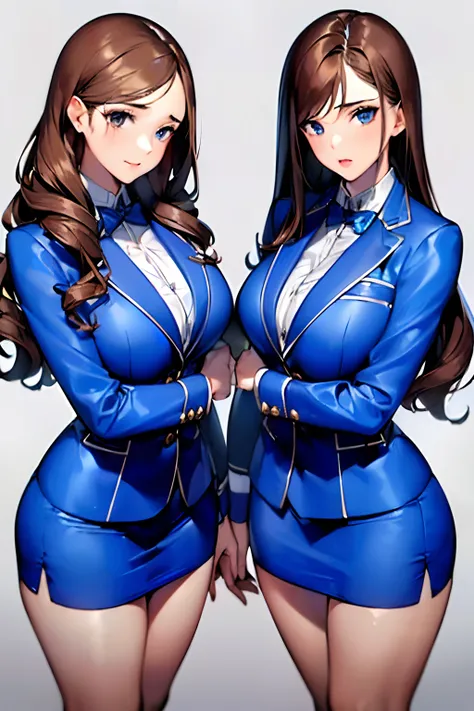 ((masterpiece, best quality, 8k, highres:1.2)), blue skirt suit, highleg, hazel eyes, blue blazer, blue pencil skirt, bare legs, (brown hair, curly hair, long hair), (2girls, duo, twins, clones), ((matching hairstyles, matching faces, matching outfits))