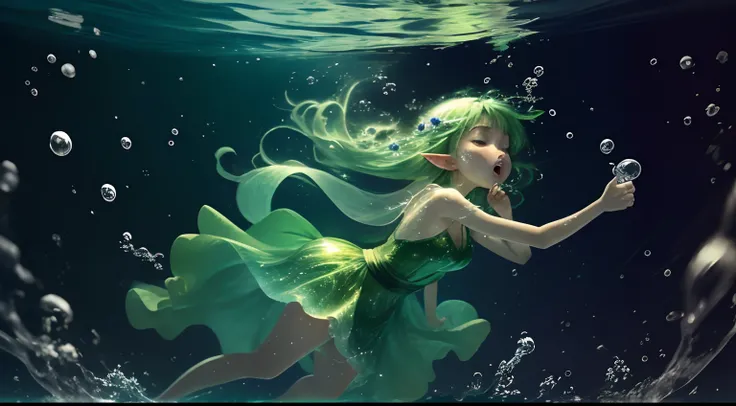 A young elf with long bright green hair and a shiny green sheer dress sinks to the bottom of the water、Implicit panty shots、Jump into the water and dive to the bottom of the sea to float、Prone、sleepy、Its hard to breathe、uneasy、exhaustion、hopelessness、Open ...