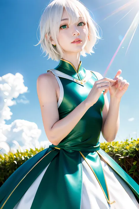 Best quality，tmasterpiece，Kizi，White hair，green-eyed，Duan，and the sun was shining brightly，shiny skins，sunflare