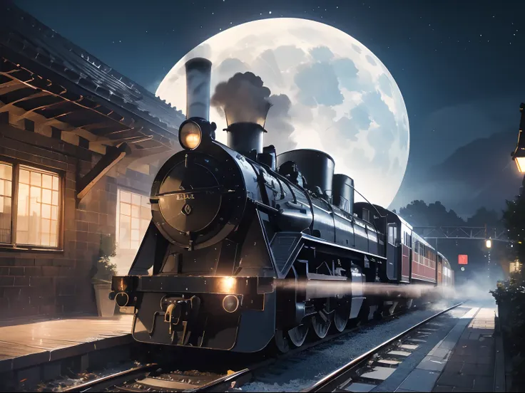 Brick station，The steam locomotive stopped，A female traveler carries a travel bag. She has a beautiful face and bright eyes. She wears elaborate ornaments. Fantastic platform，Train illuminated by moonlight. Detailed drawing. Vivid colors. High image qualit...