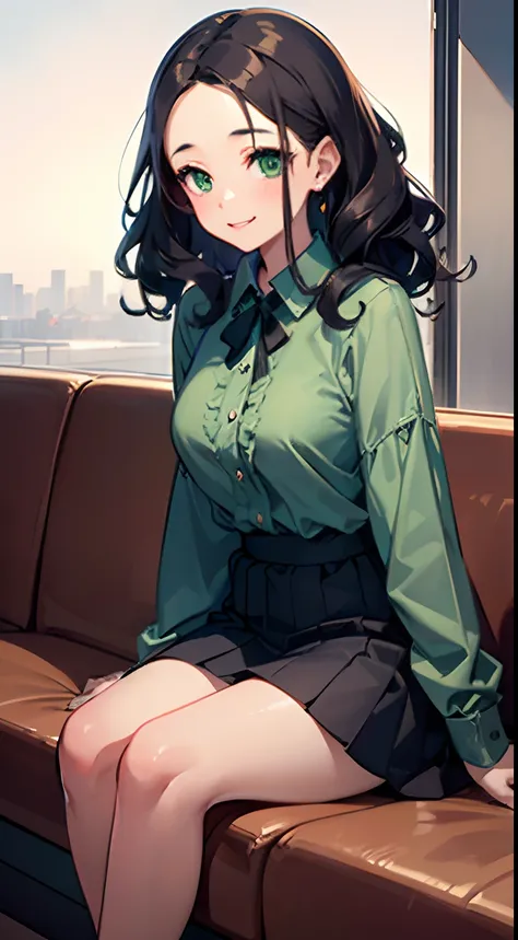 ((Best Quality)), (Ultra-detailed), ((Extremely detailed)), (Beautiful), ((Kawaii Girl)),Medium Hair,Forehead,Dark blue hair,(Wavy Hair),Green eyes,smock blouse,Mini skirt,regular breasts,Smile,Haneda airport lobby,sitting,One Woman