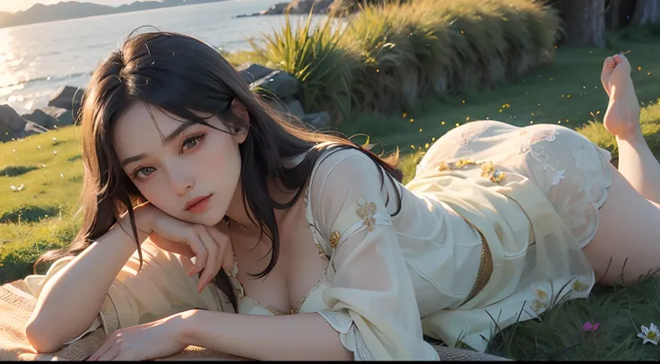 Detailed shiny skin、(realisitic、Photorealsitic:1.4),8K HDR, (One beautiful woman lying down:1.4),  ​masterpiece, (extremely delicate and beautiful:1.2),Detailed and precise fingers,Movie angle,电影灯光, (Beautiful face drawn in detail:1.5),(grass field、on a cl...