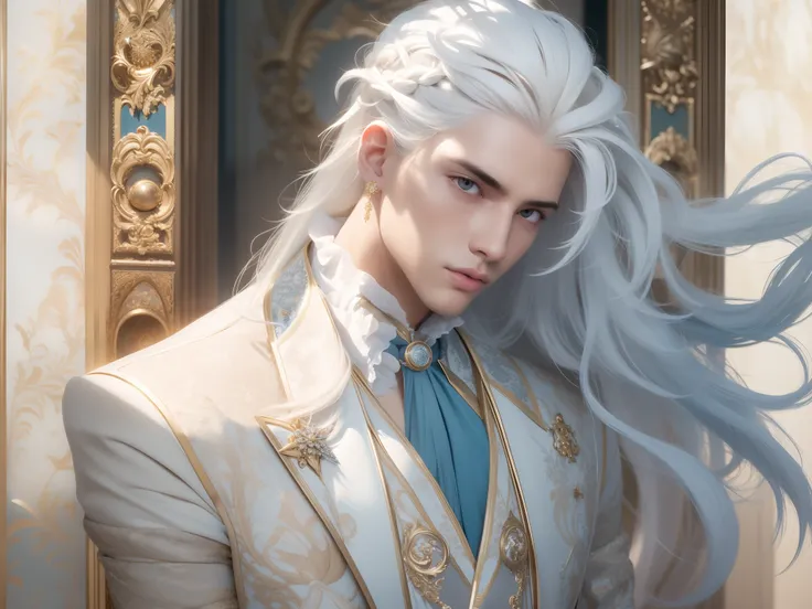 1guy, gorgeous dapper elysian male with perfect balance of masculine and feminine features, (stunning long pure white hair, 1bra...