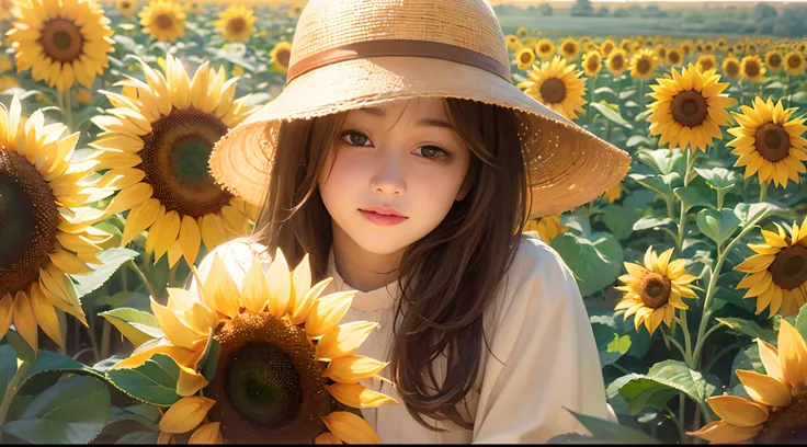 (oil painted:1.2),Kizi，Sit on the piano solo, florals,  Light wind,  signed, Sunflower fields, Brown hair, Long micro hair, Black colored eyes, sideface, Long white dress，With a hat，rays of sunshine