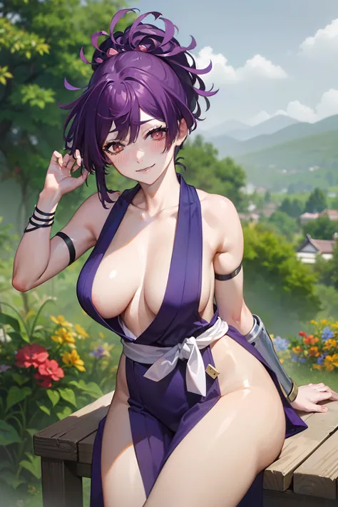 best quality, masterpiece, (leaning over:1.2), 1girl, yuzuriha_(jigokuraku), purple hair, brown eyes, ninja, open clothes, cleavage, small breasts, topknot, medium hair, breasts apart, seductive smile, (blush:1.1), japanese exterior, temple, sengoku period...