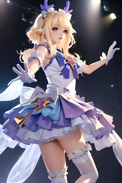 ((Very detailed CG)),1girll,Masterpiece,exquisiteCGrendering,(High detail skin:1),Smooth skin,Super high resolution,Sparkling eyes,Perfect body,Feminine body,Refined facial features,mitts, White_mitts, dress, White_legwear, Solo, Blonde_Hair,deer antlers，A...