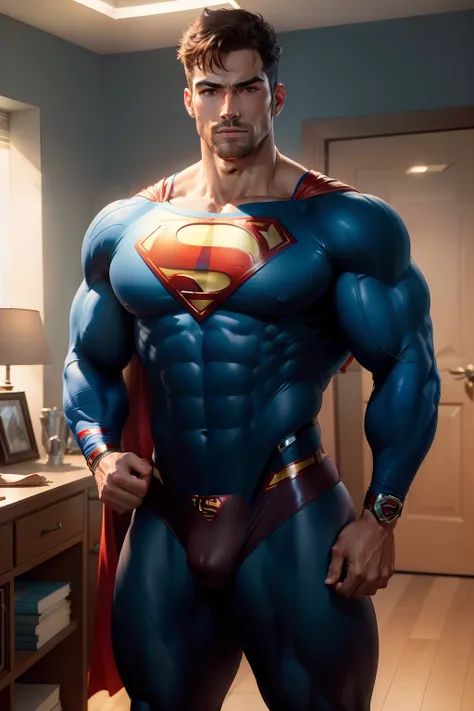 ((Masterpiece)), ((Best quality:1.2)), high resolution, 8K, Supergianthugebreasts_Realistic, Sharp focus, Muscular hot man, body builder, Short brown hair, (Handsome man in Superman blue tight union uniform:1.2), (bulge in panties), Tie with a rope, On the...