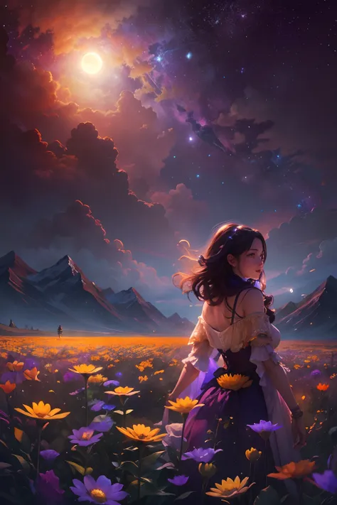 expansive landscape photograph , (a view from below that shows sky above and open field below), a girl standing on flower field looking up, (full moon:1.2), ( shooting stars:0.9), (nebula:1.3), distant mountain, tree BREAK
production art, (warm light sourc...