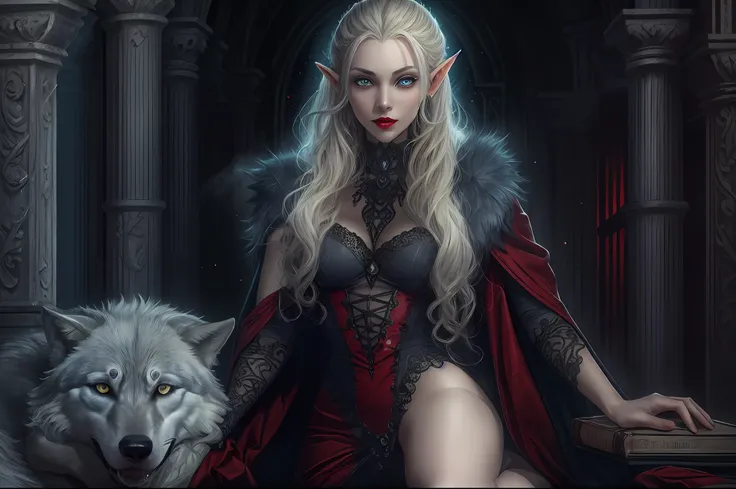 a picture of vampire elf in her castle and her pet wolf, an exquisite beautiful female elf vampire (ultra detailed, Masterpiece, best quality), full body, ultra detailed face, blond hair, grey pale skin, hair in a ponytail, long hair, blue eyes, cold eyes,...