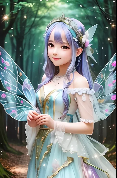 beautiful fairy with a sense of transparency､beautiful sparkling forest、transparent feathers､kindly smile､tiere