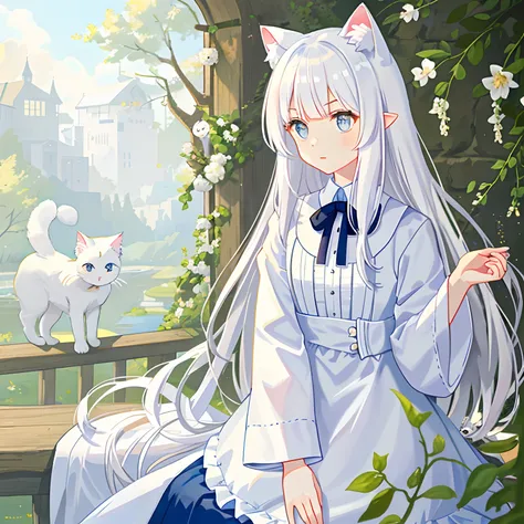 The white-clothed cat-eared girl looked up at the white-haired willow leaf eyebrows, fluffy tail, lace shirt