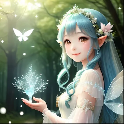 Beautiful fairy with a sense of transparency､Beautiful sparkling forest、Transparent feathers､kindly smile