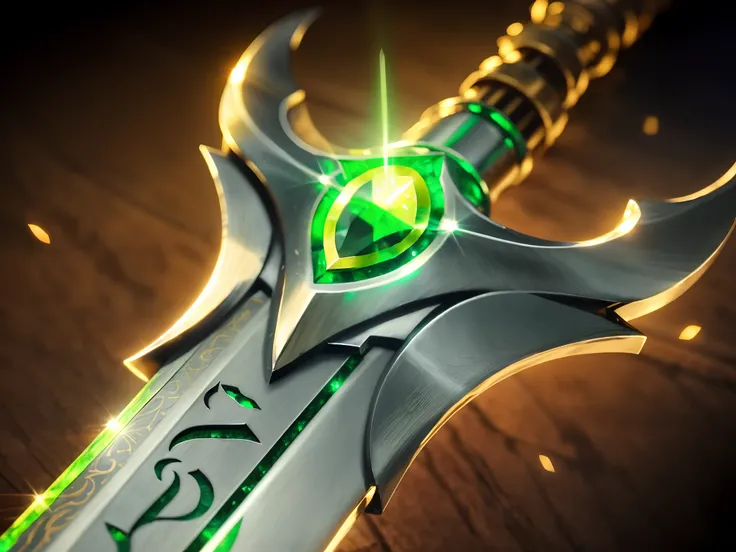 A close-up of a sword，The sword is inlaid with a round emerald，The sword emits a faint green light，metal swords，The hilt is black and gold