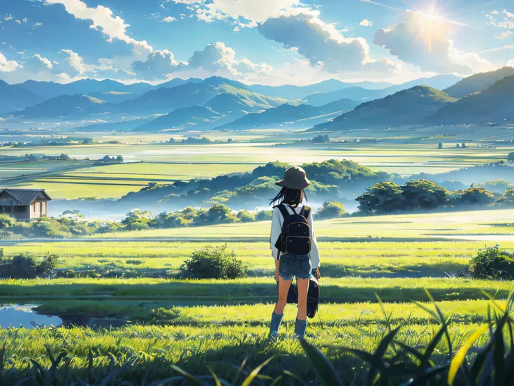 Vast sky、the beautiful skyline、Large grasslands、rice fields、extremely tense and dramatic pictures、the moving visual effects、high hanging Polaris、and colorful natural light。Long-sleeved tops、Denim shorts、And one girl with a backpack、bus stop、Old bonnet bus、