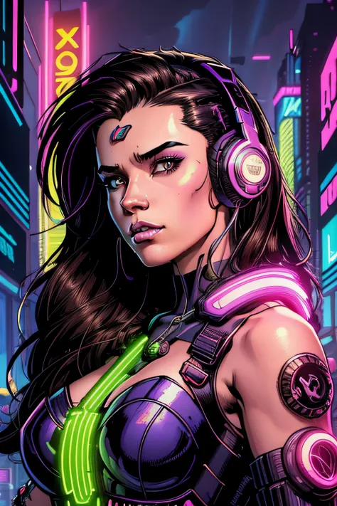 Girl with messy long black hair and brown eyes, vibrant brown eyes, with headphones in Neon City at night, RossDraw Vibrant Cartoon, digital cyberpunk anime art, cyberpunk art style, glowwave girl portrait, bright cyberpunk glow, cyberpunk anime art, Ross ...